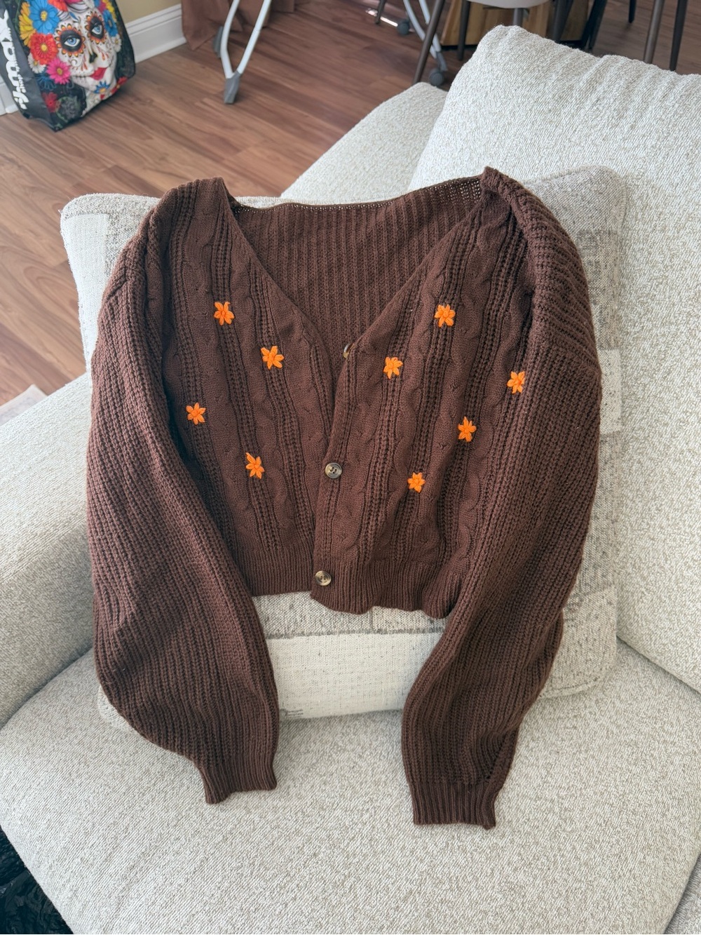 SHEIN Brown Cable Knit Cropped Cardigan with Orange Flower Appliqués